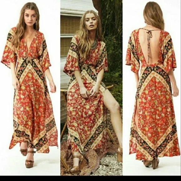 Boho festival floral print red backless midi dress - Picture 5 of 6